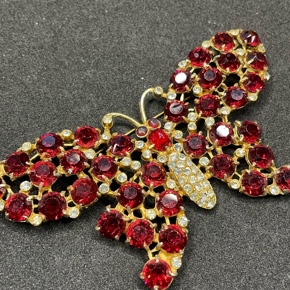 5”Large Antique Czech Red Rhinestone butterfly Brooch